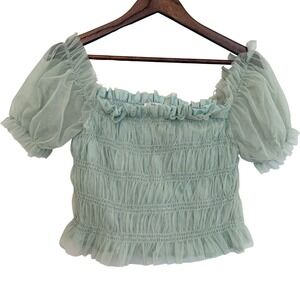 Blashe Mint Green Tulle Fairy Crop Top Smocked Bodice Puff Sleeve Size Medium